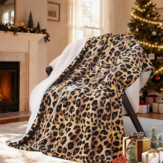 Heated Throw Blanket 50"x60", Electric Blanket with 6 Heat Settings & 1-12H Timer, Cozy Soft Flannel Sherpa, Machine Washable, Warm Gift for Women, Leopard