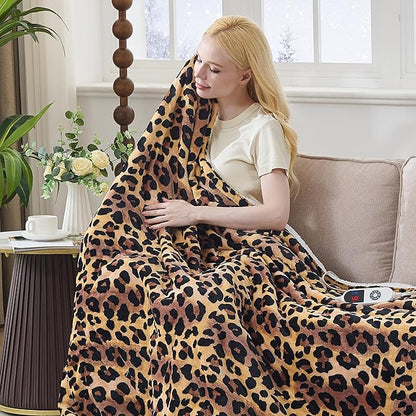 Electric Blanket Twin Size - Reversible Sherpa & Flannel, 62"× 84" Heated Throw Blanket with 6 Heat Settings & 1-12H Timer, Machine Washable, Warm Gift for Women, Leopard