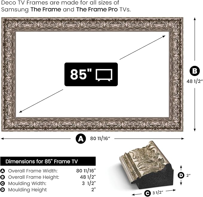 Tuscan Silver 85" Premiere Deco TV Frame - Compatible ONLY with Samsung The Frame TV and Pro TVs (Fits 2021-2025, LS03A, LS03B,LS03C,LS03D,LS03FA,LS03FW)