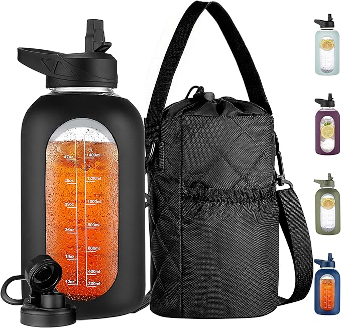CIVAGO Half Gallon Glass Water Bottle with Straw and Insulated Bottle Holder Sling, 64 oz Motivational Water jug with Time Marker and Silicone Sleeve, Water Flask with 2 Lids, Black