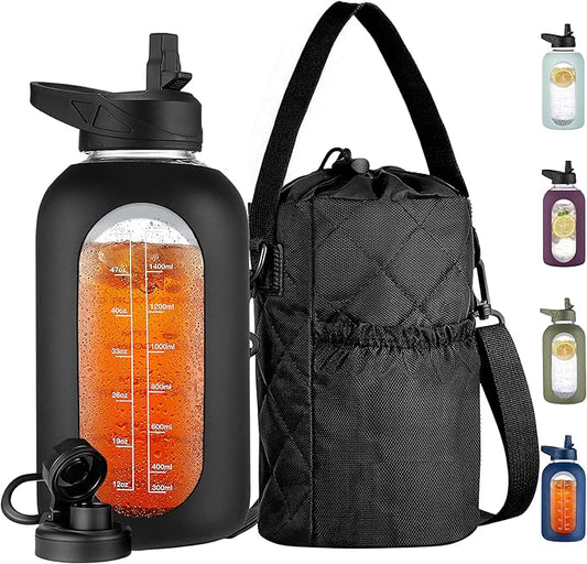 CIVAGO Half Gallon Glass Water Bottle with Straw and Insulated Bottle Holder Sling, 64 oz Motivational Water jug with Time Marker and Silicone Sleeve, Water Flask with 2 Lids, Black