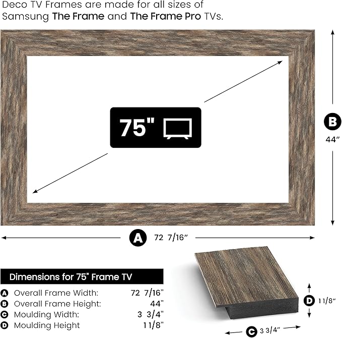Distressed Barnwood 75" Premiere Deco TV Frame - Compatible ONLY with Samsung The Frame TV and Pro TVs (Fits 2021-2025, LS03A, LS03B,LS03C,LS03D,LS03FA,LS03FW)