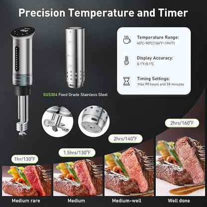 KitchenBoss Wifi Sous Vide Cooker: Ultra-quiet Sous Vide Machine Immersion Circulator APP Control 1100W, IPX7 Waterproof Sous Vide Precision Cooker Accurate Temperature Fast-Heating, Silver