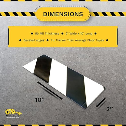 Mighty Line Floor Marking Tape Strips for Safety, Caution, Warning, Heavy-Duty, Peel and Stick, Adhesive, Industrial Quality, White and Black Hazard, 2" by 10"