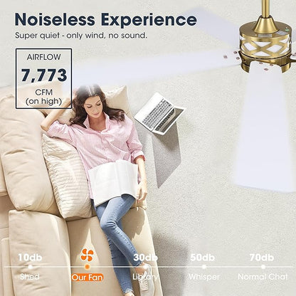 WINGBO 60" Smart Ceiling Fan with Lights and 3 Downrods, 5 Plywood Blades, 6 Speeds Reversible DC Motor, Works with Alexa and Google Assistant, 3CCT Dimmable LED Large Ceiling Fans, Brass and White