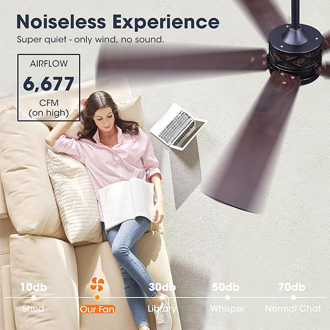 WINGBO 52" Smart Ceiling Fan with Lights, Black/Walnut Blades, 6 Speeds Reversible DC Motor, Works with Alexa and Google Assistant, 3CCT Dimmable LED Ceiling Fan for Bedroom Living Room, Black Finish
