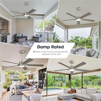 WINGBO 60" Smart Ceiling Fan with Lights and 3 Downrods, 5 Plywood Blades, 6 Speeds Reversible DC Motor, Works with Alexa and Google Assistant, 3CCT Dimmable LED Large Ceiling Fans, Nickel and Grey