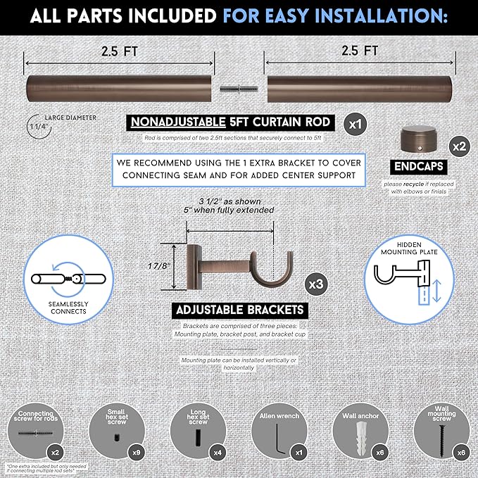 BlastHome® Non-Adjustable Luxury Curtain Rods for Windows, 1 ¼” Rod Set, 5 foot Fixed Length (Two Rods Connect for a Seamless Look), Oil Rubbed Bronze