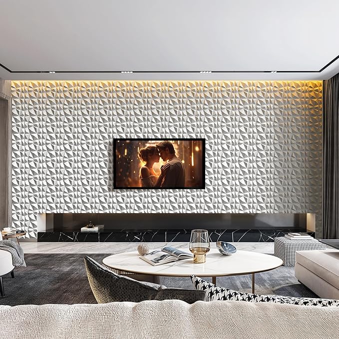 INMOZATA 3D Wall Panels for Interior Wall Decor, 33 Pack 12 x 12 Inch Decorative Wall Panels Diamond 3D Textured Accent Panel for TV, Gaming Living Room, Bedroom Background(White)