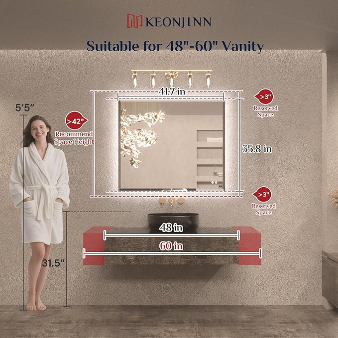 Keonjinn 42 x 36 Inch Backlit Bathroom Mirror with Lights, Frameless LED Mirror with Beveled Edge, HD Tempered Glass, UL-Listed Driver, 3000K/4500K/6500K, Defogging, Lighted Mirrors for Bathroom Wall