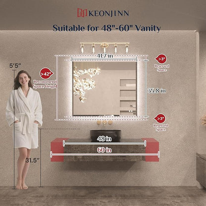 Keonjinn 42 x 36 Inch Backlit Bathroom Mirror with Lights, Frameless LED Mirror with Beveled Edge, HD Tempered Glass, UL-Listed Driver, 3000K/4500K/6500K, Defogging, Lighted Mirrors for Bathroom Wall