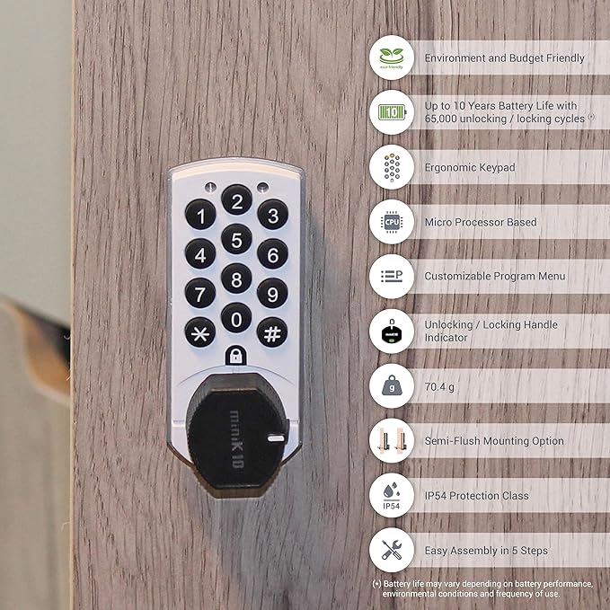miniK10 Standard Electronic Cabinet Lock – 12-Button Keypad, 10-Year Battery Life, IP54 Waterproof Rating, Compact Design, Surface & Flush Mount, Black/White