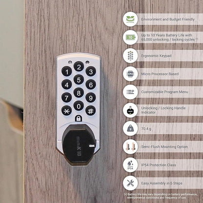 miniK10 Standard Electronic Cabinet Lock – 12-Button Keypad, 10-Year Battery Life, IP54 Waterproof Rating, Compact Design, Surface & Flush Mount, Black/White