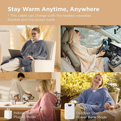 Bedsure Cordless Wearable Heated Blanket - Fluffy Electric Blanket Hoodie with 20000mAh Battery Pack, Portable USB Heated Shawl as Winter Gifts for Women Mom, 4 Heat Levels & 4 Timers, 55"x69", Blue