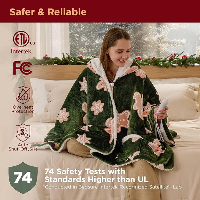 Bedsure Heated Blanket Wearable Shawl - Electric Wrap Poncho Blanket Hoodie Adult as Christmas Winter Gifts for Women, Warm Sherpa Heating Throw,Auto Shut Off, 55x64 in, Green Gingerbread Man Pattern