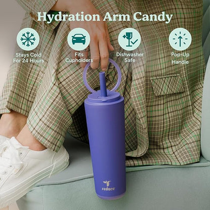 REDUCE Halo 24 oz Stainless Steel Vacuum Insulated Tumbler - Spill Proof Travel Mug with Flip Handle Lid - Keeps Drinks Cold for 32 Hrs - Dishwasher Safe - Cupholder Friendly - Phantom