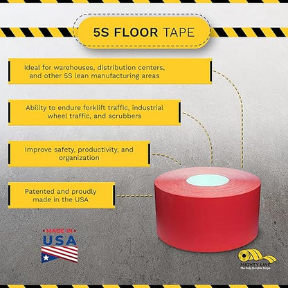 Mighty Line UltraLine Solid Floor Marking Tape for Safety, Caution, Warning, Heavy-Duty, Peel and Stick Adhesive, Beveled Edge Design, Industrial Quality, 4 Inch, 100' Roll, Red