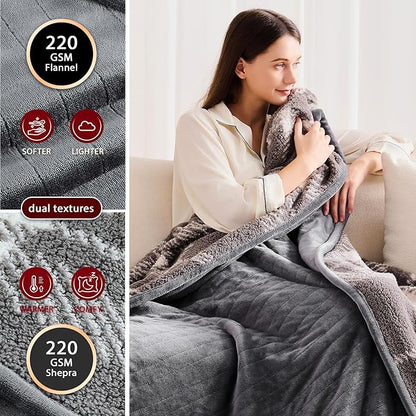 Heated Electric Blanket Throw Size - 50"x60" Flannel Heating Blanket with 10 Heating Levels & 5 Time Settings Over-Heat Protection, Winter Warmer for Adults with ETL Certification（Grey）