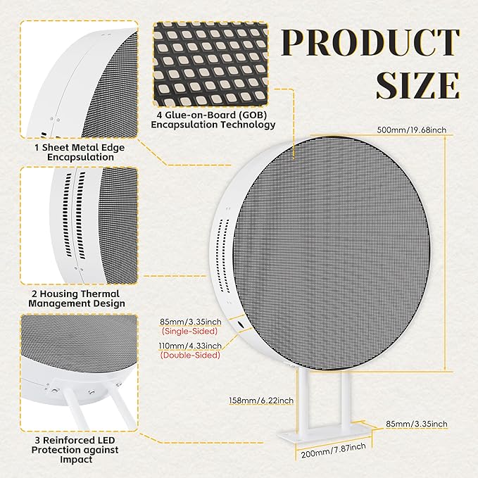 P2.5 Round LED Sign Programmable, Wall Mount Single-Sided Custom Digital Display Screen app Control, Image, Video Signage Panel Board for Outdoor Business Store Advertising 20" White