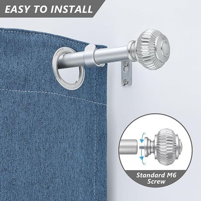 Silver Curtain Rods for Windows 28 to 48 Inches 6/8 Inch Adjustable Heavy Duty Curtain Rods with Lantern Ball Finials,Window Treatment Single Curtain Rod Set