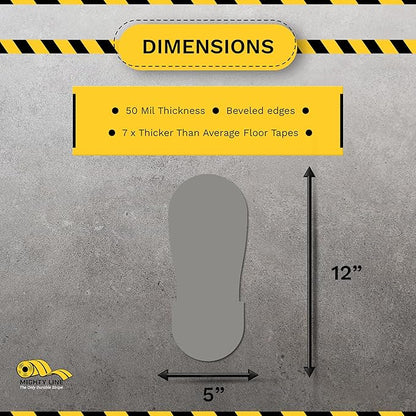 Mighty Line Big Footprints Floor Marking Tape for Safety, Caution, Warning, Heavy-Duty, Peel and Stick, Adhesive, Industrial Quality, 12" Long x 5" Wide, Gray, Pack of 50