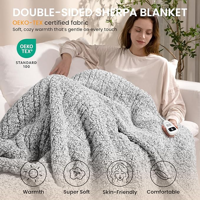 Heated Blanket Electric Blanket Throw - Fast Heating Blanket Throw Double Sided Sherpa Ultra Soft Cozy with 6 Heating Levels & 1-4 Hours Auto Off, Mashine Washable, 50 x 60 Inches, Grey