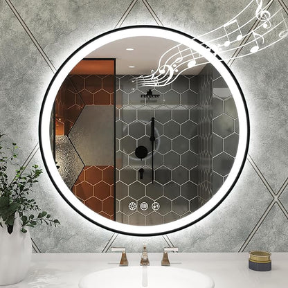 STARLEAD 32" LED-Bathroom-Mirror-with-Lights, Wall-Mounted with Bluetooth, Anti-Fog, 3 Color Temperature Dimmable Brightness, Waterproof, Tempered Glass, Frontlit & Backlit, Black Frameless Round