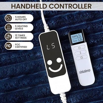 Heated Blanket Electric Blanket 50"x60", Soft Flannel Sherpa Electric Throw with 5 Heating Level & 12 Times Setting, Heated Throw with Overheating Protection, Machine Washable (Navy Blue)
