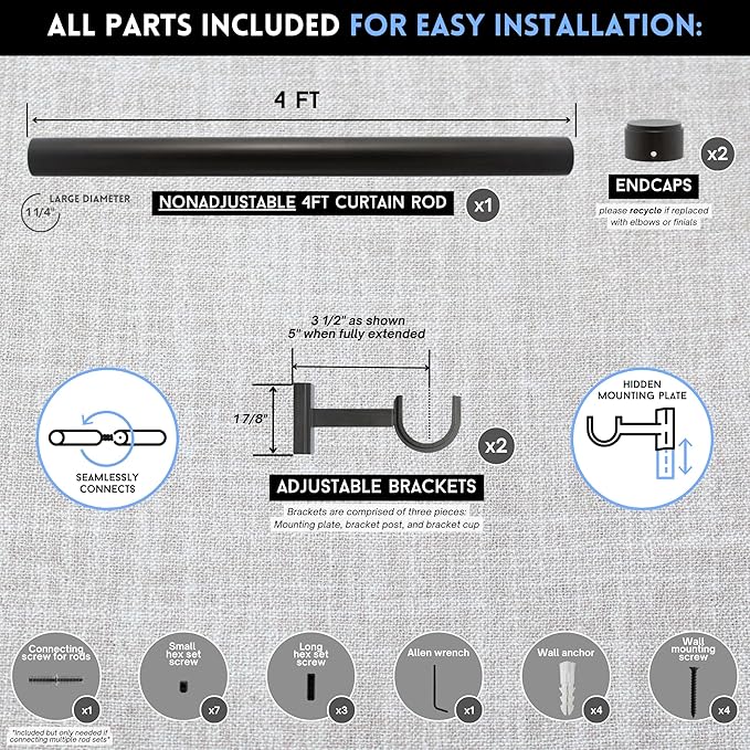 BlastHome® Non-Adjustable Luxury Curtain Rods for Windows, 1 ¼” Rod Set, 4 foot Fixed Length, Brushed Dark Brown