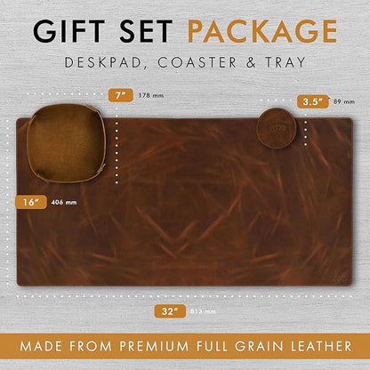 Elizo Real Leather Desk Mat Set (32x16) Large Desk Cover Desk Blotter Protector Computer Gaming Mouse Pad Table Laptop Office Desktop Accessories