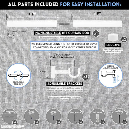 BlastHome® Non-Adjustable Luxury Curtain Rods for Windows, 1 ¼” Rod Set, 8 foot Fixed Length (Two Rods Connect for a Seamless Look), White