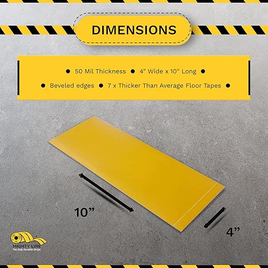 Mighty Line Floor Marking Tape Strips for Safety, Caution, Warning, Heavy-Duty, Peel and Stick, Adhesive, Industrial Quality, Yellow, 4" by 10"