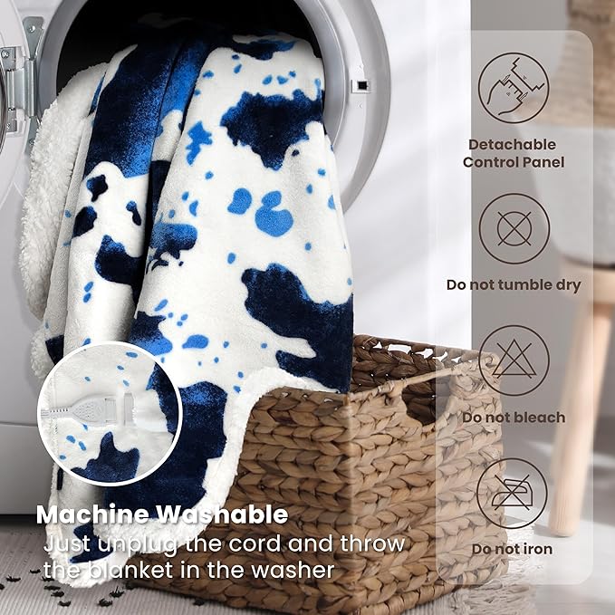 Cow Print Heated Throw Blanket Electric Blanket-Heating Blanket Throw with 10 Heat Levels & 10 Hours Auto-Off, Cozy Soft Fleece Sherpa, Washable, 50 x 60 Inches Cow Print Blue
