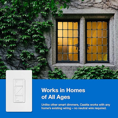 Lutron Caseta Original Smart Dimmer Switch (Lutron Smart Hub Required), for LED Lights, 150 Watt, Single-Pole/3-Way, No Neutral Required, PD-6WCL-WH, White