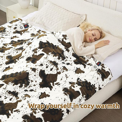Electric Blanket Queen Size, Dual Control Heated Blanket with 6 Heat Settings, 1-12H Timer, Soft Sherpa & Flannel, Machine Washable, Brown Cow Print, 84" x 90"