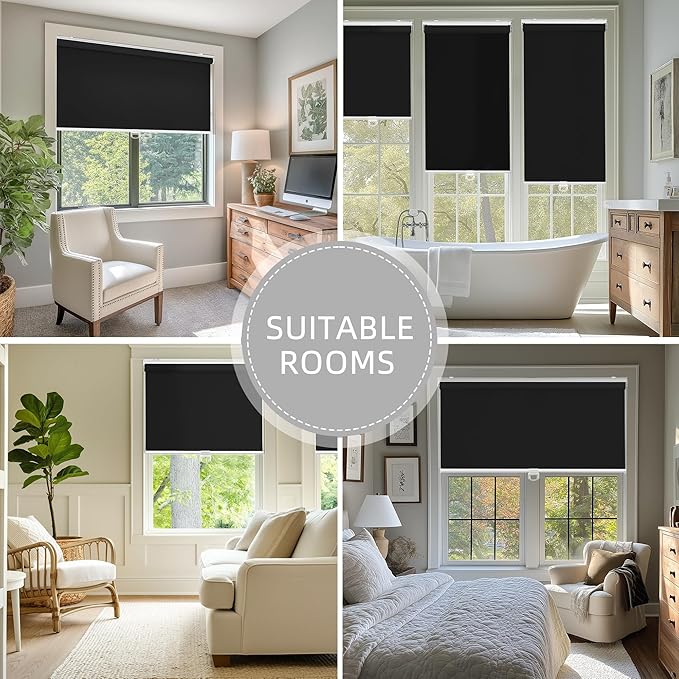 ChrisDowa Cordless Blackout Roller Shades for Windows, Thermal Insulated UV Protection Pull Down Shades, Total Blackout Window Blinds for Home, Office, Bedroom, Door (29" W x 72" H, Black)