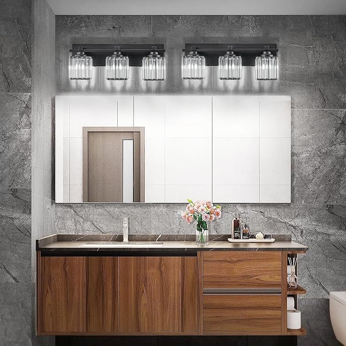 Crystal Bathroom Light Fixtures, 3 Light Black Vanity Lighting Over Mirror with Crystal Shades, Modern Bathroom Vanity Light for Restroom, Bath, Cabinet and Powder Room