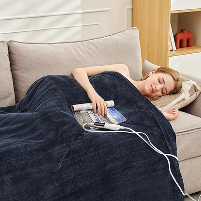 Heated Blanket Twin 62"×84" - Premium Cosy Soft Electric Blanket with 6 Heating Levels,Fast Heating Flannel Sherpa Machine Washable Blanket for Bed & Couch - Auto Shut Off(Navy Blue)