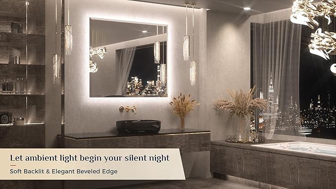 Keonjinn 42 x 36 Inch Backlit Bathroom Mirror with Lights, Frameless LED Mirror with Beveled Edge, HD Tempered Glass, UL-Listed Driver, 3000K/4500K/6500K, Defogging, Lighted Mirrors for Bathroom Wall