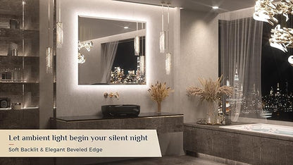 Keonjinn 42 x 36 Inch Backlit Bathroom Mirror with Lights, Frameless LED Mirror with Beveled Edge, HD Tempered Glass, UL-Listed Driver, 3000K/4500K/6500K, Defogging, Lighted Mirrors for Bathroom Wall