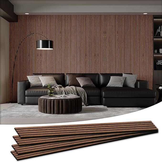 Wood Salt Acoustic Wall Panels, 4 Piece 94" x 12.6" x 0.8" Soundproof Wooden Wall Panels, 3D Fluted Sound Absorbing Panel, Red Oak