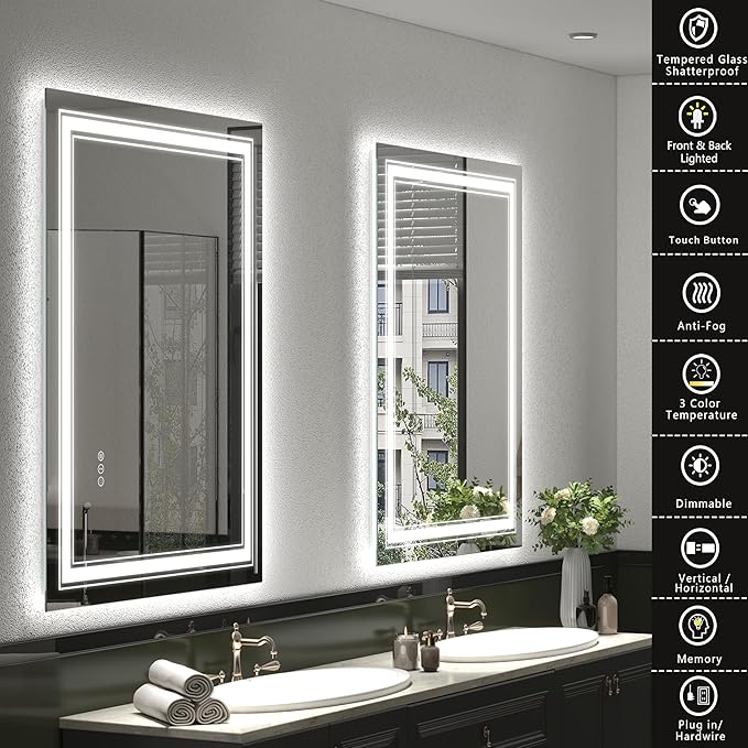 40x36 LED Bathroom Mirror, Lighted Mirror for Bathroom Wall, Backlit and Front lit, Dimmable, Anti-Fog, Shatterpoof, Memory (Horizontal/Vertical)