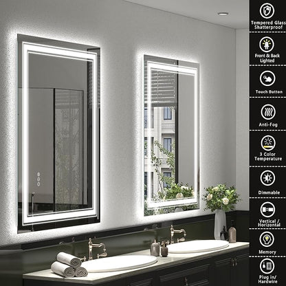 40x36 LED Bathroom Mirror, Lighted Mirror for Bathroom Wall, Backlit and Front lit, Dimmable, Anti-Fog, Shatterpoof, Memory (Horizontal/Vertical)