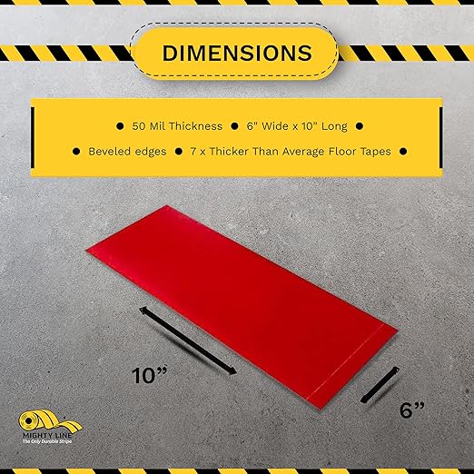 Mighty Line Floor Marking Tape Strips for Safety, Caution, Warning, Heavy-Duty, Peel and Stick, Adhesive, Industrial Quality, Red, 6" by 10"