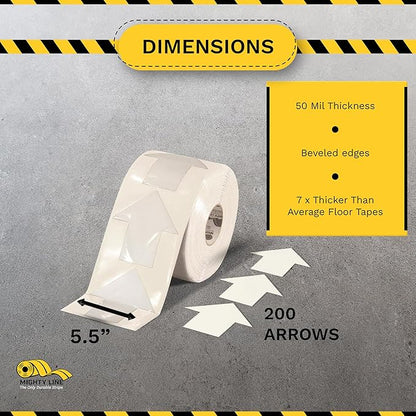 Mighty Line 5.5" Wide Solid Arrows Roll, Directional Sticker Sign Floor Marking Tape for Safety, Caution, Warning, Heavy-Duty, Peel and Stick, Adhesive, Industrial Quality, White, Pack of 200