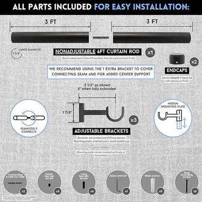 BlastHome® Non-Adjustable Luxury Curtain Rods for Windows, 1 ¼” Rod Set, 6 foot Fixed Length (Two Rods Connect for a Seamless Look), Brushed Dark Brown