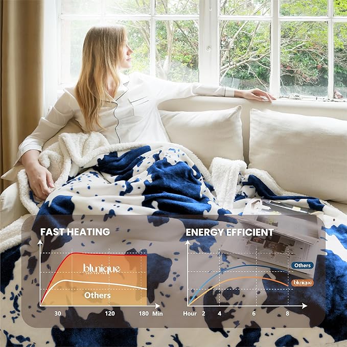 Cow Print Heated Blanket Full-Heating Electric Blanket Full with 10 Heat Levels & 10 Hours Auto-Off, Cozy Soft Fleece Sherpa, Washable, 72 x 84 Inche Cow Print Blue