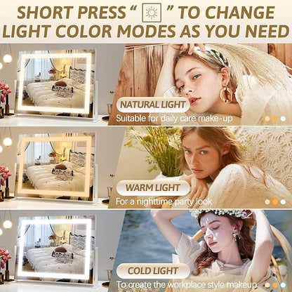 ROLOVE Vanity Mirror with Lights 22"x18", Lighted Makeup Mirror with 10X Magnification, Smart Touch 3 Colors Dimmable, 360° Rotation, Women Gift, Dresser Mount, Bathroom (White)