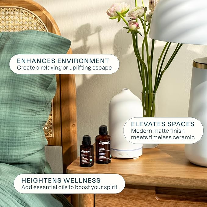 Cliganic Serenity Essential Oils Diffuser Set – Aromatherapy Humidifier with LED for Home, Office & Bedroom Includes Frankincense, Lavender, Grounded & Sleep Essential Oils Kit