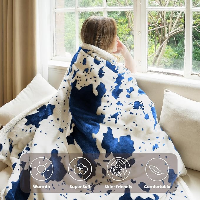 Cow Print Heated Blanket Full-Heating Electric Blanket Full with 10 Heat Levels & 10 Hours Auto-Off, Cozy Soft Fleece Sherpa, Washable, 72 x 84 Inche Cow Print Blue
